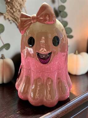 Glamorous Ghouls Ceramic Iridescent Pink Ghost with Bow Halloween Decor
